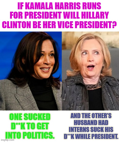 Oh...the similarities | IF KAMALA HARRIS RUNS FOR PRESIDENT WILL HILLARY CLINTON BE HER VICE PRESIDENT? AND THE OTHER'S HUSBAND HAD INTERNS SUCK HIS D**K WHILE PRESIDENT. ONE SUCKED D**K TO GET INTO POLITICS. | image tagged in memes,kamala harris,hillary clinton,vice president,suck it,they re the same thing | made w/ Imgflip meme maker