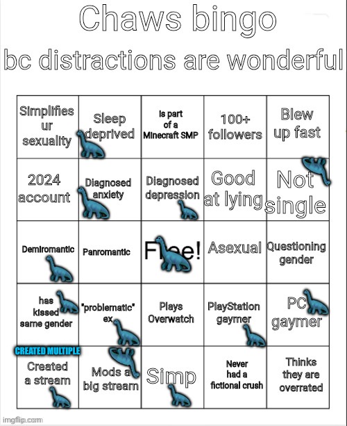 Chaws bingo #2 (no bingo) | 🦕; 🦕; 🦕; 🦕; 🦕; 🦕; 🦕; 🦕; 🦕; 🦕; CREATED MULTIPLE; 🦕; 🦕; 🦕 | image tagged in chaws bingo,bingo,lgbtq,demiromantic,anxiety,depression | made w/ Imgflip meme maker