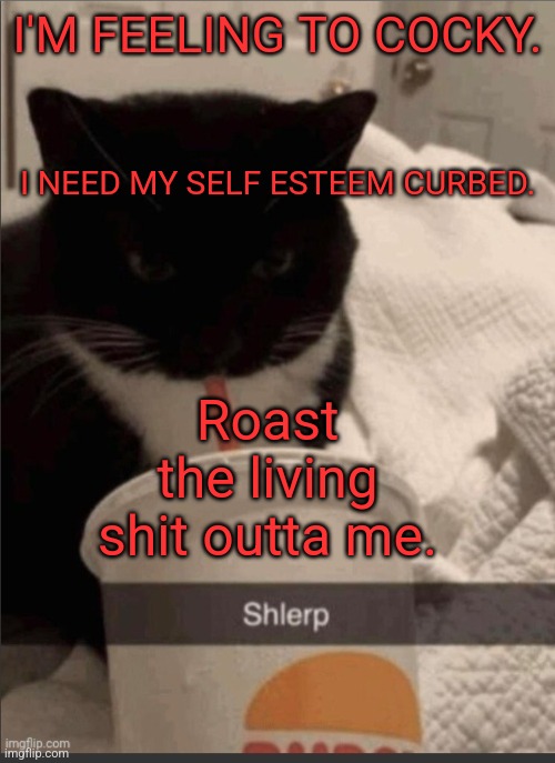 Advictorim announcement temp | I'M FEELING TO COCKY. I NEED MY SELF ESTEEM CURBED. Roast the living shit outta me. | image tagged in advictorim announcement temp | made w/ Imgflip meme maker