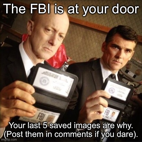 Saved images | The FBI is at your door; Your last 5 saved images are why. (Post them in comments if you dare). | image tagged in fbi,images,cursed images | made w/ Imgflip meme maker