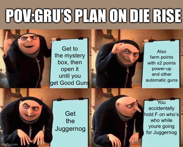 Gru’s Plan on Die Rise | POV:GRU’S PLAN ON DIE RISE; Get to the mystery box, then open it until you get Good Guns; Also farm points with x2 points power-up and other automatic guns; You accidentally hold F on who’s who while youre going for Juggernog; Get the Juggernog | image tagged in memes,gru's plan,zombies | made w/ Imgflip meme maker