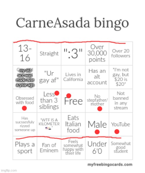 CarneAsada bingo | my old acc was made over a year ago | image tagged in carneasada bingo | made w/ Imgflip meme maker