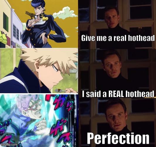 Yeah, I said it. The ice nerd is better than the explosive, angry pomeranian! | Give me a real hothead; I said a REAL hothead; Perfection | image tagged in perfection,jojo's bizarre adventure,bnha,boku no hero academia | made w/ Imgflip meme maker