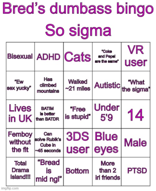 Since we're on the topic of bingos, here's mine | image tagged in bred s stupid bingo | made w/ Imgflip meme maker