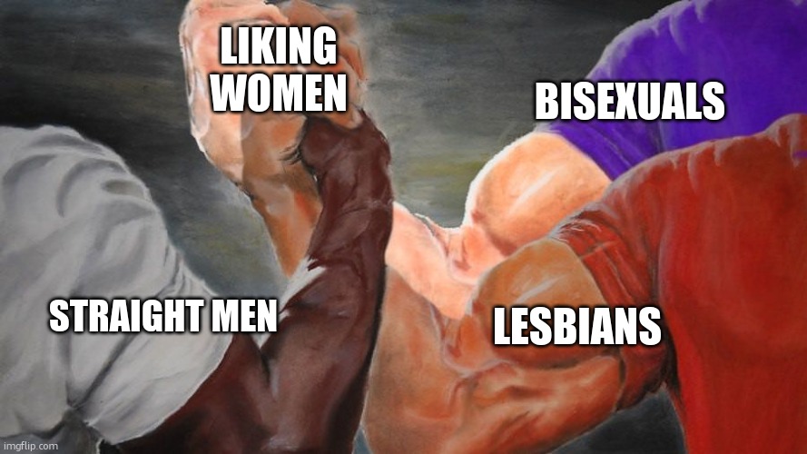 Not pictured: Pansexuals | LIKING WOMEN; BISEXUALS; LESBIANS; STRAIGHT MEN | image tagged in epic handshake three way | made w/ Imgflip meme maker