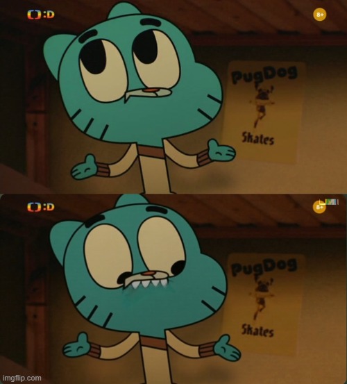 Gumball turns | image tagged in gumball closing his mouth,gumball cursed luma dream machine | made w/ Imgflip meme maker