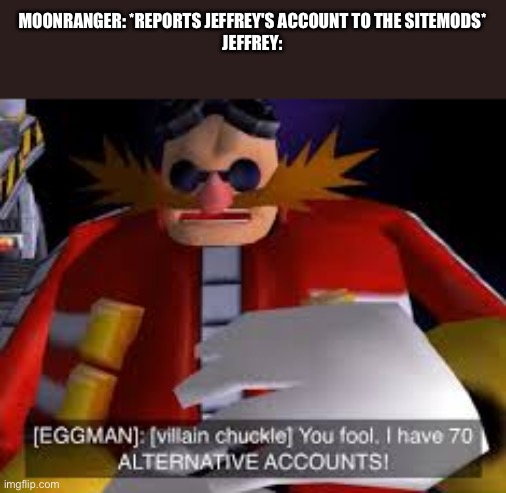 Eggman Alternative Accounts | MOONRANGER: *REPORTS JEFFREY'S ACCOUNT TO THE SITEMODS*
JEFFREY: | image tagged in eggman alternative accounts | made w/ Imgflip meme maker
