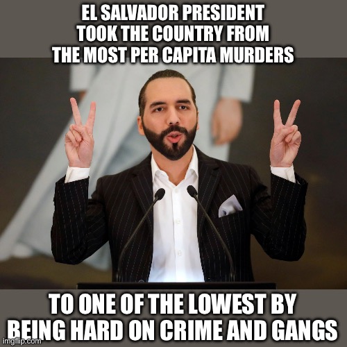 El Salvador President Nayib Bukele | EL SALVADOR PRESIDENT TOOK THE COUNTRY FROM THE MOST PER CAPITA MURDERS TO ONE OF THE LOWEST BY BEING HARD ON CRIME AND GANGS | image tagged in el salvador president nayib bukele | made w/ Imgflip meme maker