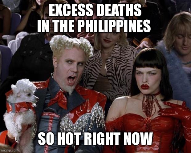 Mugatu So Hot Right Now Meme | EXCESS DEATHS IN THE PHILIPPINES SO HOT RIGHT NOW | image tagged in memes,mugatu so hot right now | made w/ Imgflip meme maker