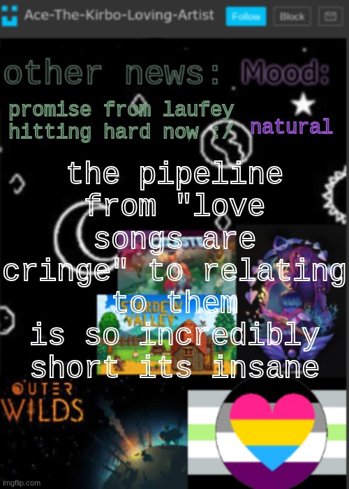 "ive done the math, theres no solution, we'll never love, why cant i let go of this..?" | the pipeline from "love songs are cringe" to relating to them is so incredibly short its insane; natural; promise from laufey hitting hard now :/ | image tagged in put a title here or summ if you see this i didnt add a title | made w/ Imgflip meme maker