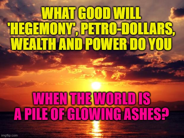 Sunset | WHAT GOOD WILL 'HEGEMONY', PETRO-DOLLARS, WEALTH AND POWER DO YOU; WHEN THE WORLD IS A PILE OF GLOWING ASHES? | image tagged in sunset | made w/ Imgflip meme maker