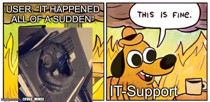 Users are never responsible | USER: “IT HAPPENED ALL OF A SUDDEN“; @FOSS_MEMES; IT-Support | image tagged in memes,this is fine | made w/ Imgflip meme maker