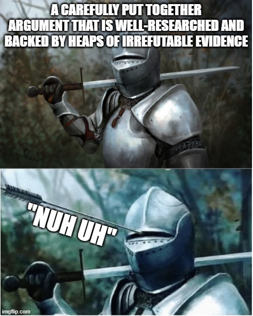 nuh uh | A CAREFULLY PUT TOGETHER ARGUMENT THAT IS WELL-RESEARCHED AND BACKED BY HEAPS OF IRREFUTABLE EVIDENCE; "NUH UH" | image tagged in knight with arrow in helmet | made w/ Imgflip meme maker