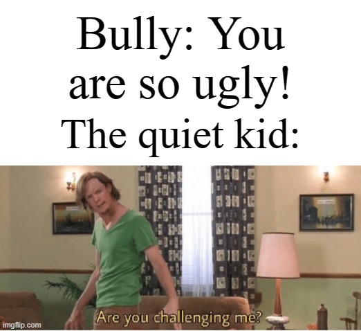 The quiet kid had enough | Bully: You are so ugly! The quiet kid: | image tagged in are you challenging me,memes,funny,school | made w/ Imgflip meme maker