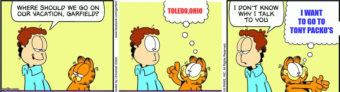 Vacation | TOLEDO,OHIO; I WANT TO GO TO TONY PACKO'S | image tagged in garfield comic vacation,funny memes | made w/ Imgflip meme maker