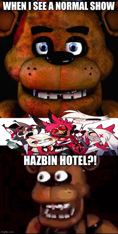 WHEN I SEE A NORMAL SHOW; HAZBIN HOTEL?! | image tagged in five nights at freddys,shocked freddy fazbear | made w/ Imgflip meme maker