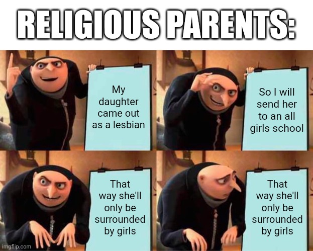 Plans got spoiled =/ | RELIGIOUS PARENTS:; My daughter came out as a lesbian; So I will send her to an all girls school; That way she'll only be surrounded by girls; That way she'll only be surrounded by girls | image tagged in memes,gru's plan | made w/ Imgflip meme maker