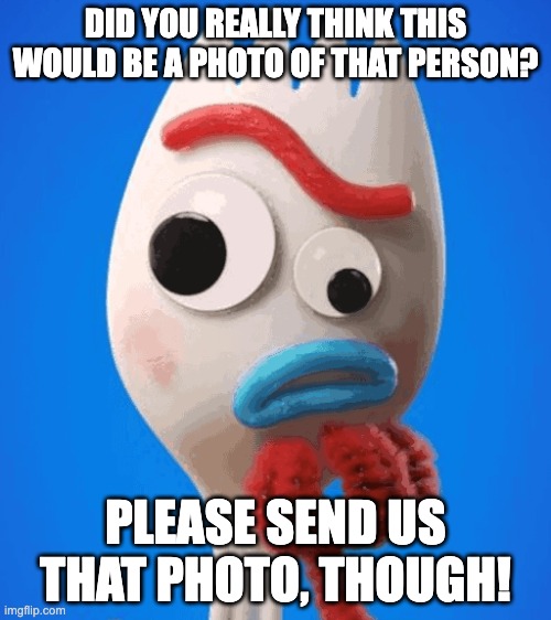 Forky Asks a Question | DID YOU REALLY THINK THIS WOULD BE A PHOTO OF THAT PERSON? PLEASE SEND US THAT PHOTO, THOUGH! | image tagged in forky asks a question | made w/ Imgflip meme maker