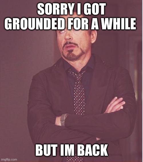 Face You Make Robert Downey Jr | SORRY I GOT GROUNDED FOR A WHILE; BUT IM BACK | image tagged in memes,face you make robert downey jr | made w/ Imgflip meme maker