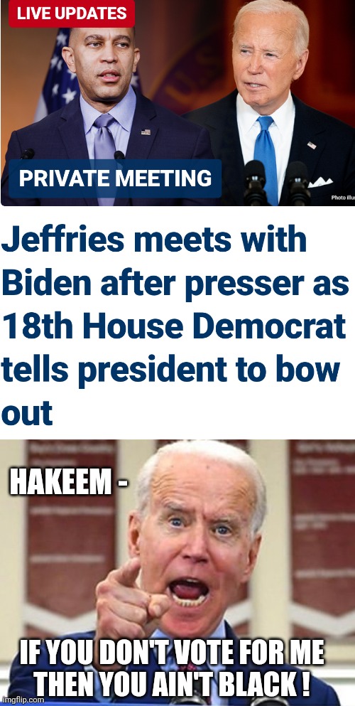 Da Black Vote | HAKEEM -; IF YOU DON'T VOTE FOR ME
THEN YOU AIN'T BLACK ! | image tagged in joe biden no malarkey,hakeem jefferies,biden,democrats,liberals,leftists | made w/ Imgflip meme maker