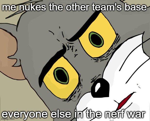 Unsettled Tom | me nukes the other team's base; everyone else in the nerf war | image tagged in memes,unsettled tom | made w/ Imgflip meme maker