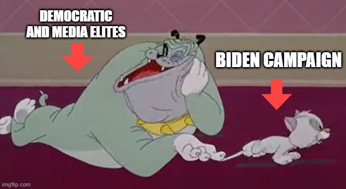 Biden Vs. Democrats | DEMOCRATIC AND MEDIA ELITES; BIDEN CAMPAIGN | image tagged in biden 2024,kitten,bulldog,mainstream media suck,corporate democrats suck | made w/ Imgflip meme maker