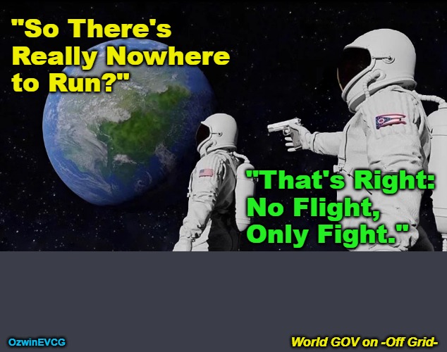 World GOV on -Off Grid- | "So There's 

Really Nowhere 

to Run?"; "That's Right: 

No Flight, 

Only Fight."; World GOV on -Off Grid-; OzwinEVCG | image tagged in memes,always has been,be prepared,self-defense,government corruption,world occupied | made w/ Imgflip meme maker
