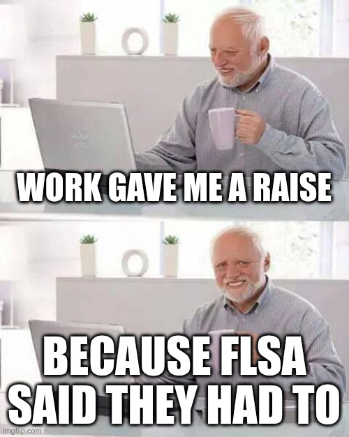 Woohoo i'm worth the bare minumum | WORK GAVE ME A RAISE; BECAUSE FLSA SAID THEY HAD TO | image tagged in memes,hide the pain harold | made w/ Imgflip meme maker