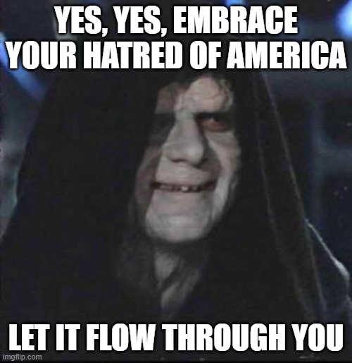 Embrace your hatred of America | YES, YES, EMBRACE YOUR HATRED OF AMERICA; LET IT FLOW THROUGH YOU | image tagged in memes,sidious error | made w/ Imgflip meme maker