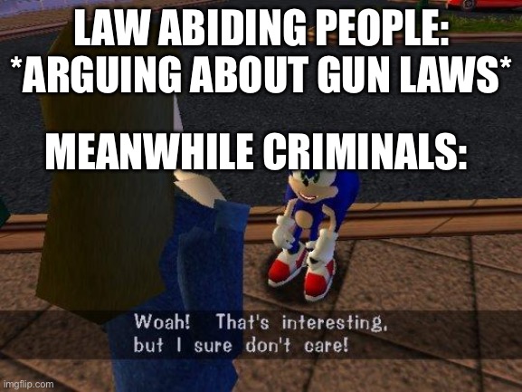 woah that's interesting but i sure dont care | LAW ABIDING PEOPLE: *ARGUING ABOUT GUN LAWS*; MEANWHILE CRIMINALS: | image tagged in woah that's interesting but i sure dont care | made w/ Imgflip meme maker