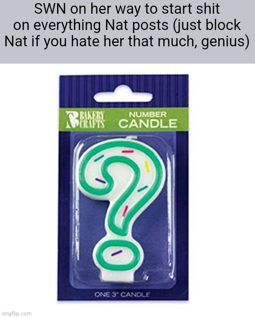 I couldn't think of a funny template so I used ? candle. | SWN on her way to start shit on everything Nat posts (just block Nat if you hate her that much, genius) | made w/ Imgflip meme maker