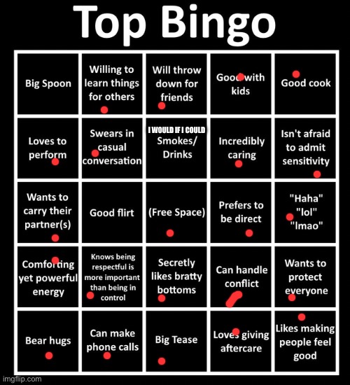 Top Bingo | I WOULD IF I COULD | image tagged in top bingo | made w/ Imgflip meme maker