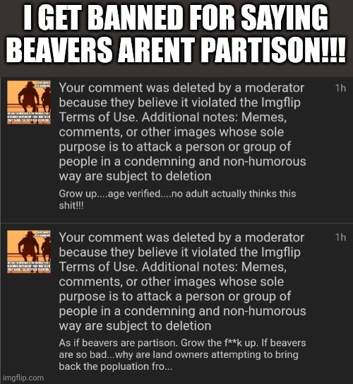 Beavers are obviously partison!! | I GET BANNED FOR SAYING BEAVERS ARENT PARTISON!!! | made w/ Imgflip meme maker