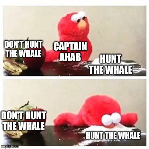 It's Moby Dick (The Book) | DON'T HUNT THE WHALE; CAPTAIN AHAB; HUNT THE WHALE; DON'T HUNT THE WHALE; HUNT THE WHALE | image tagged in elmo cocaine,books,stories,jpfan102504 | made w/ Imgflip meme maker