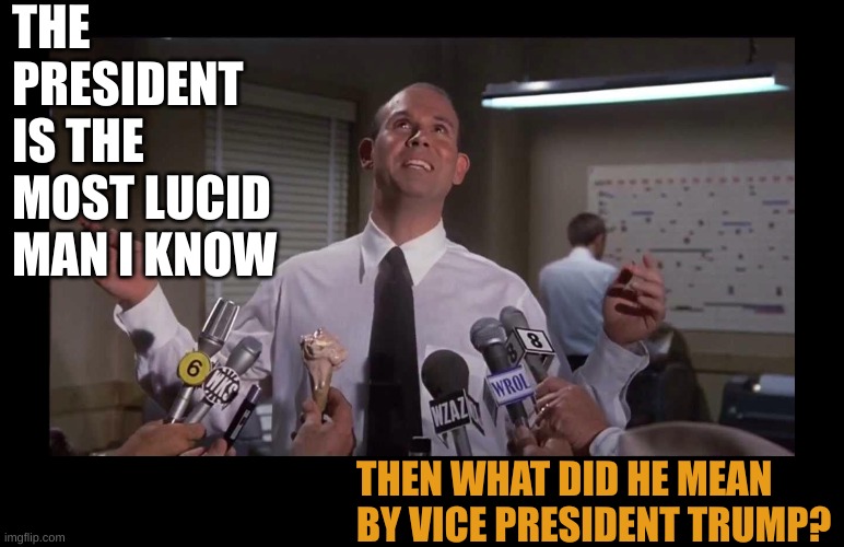 What the Biden-Harris-Admin spokesperson looks like | THE PRESIDENT IS THE MOST LUCID MAN I KNOW; THEN WHAT DID HE MEAN BY VICE PRESIDENT TRUMP? | image tagged in airplane distress | made w/ Imgflip meme maker