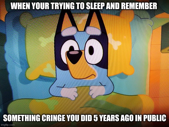 Bluey in bed | WHEN YOUR TRYING TO SLEEP AND REMEMBER; SOMETHING CRINGE YOU DID 5 YEARS AGO IN PUBLIC | image tagged in bluey in bed,bluey,memes,funny,relatable,funny memes | made w/ Imgflip meme maker