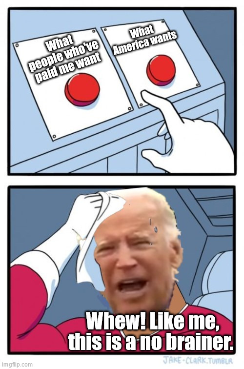 Buttons for Joe | What people who've paid me want; What America wants; Whew! Like me, this is a no brainer. | image tagged in two buttons | made w/ Imgflip meme maker