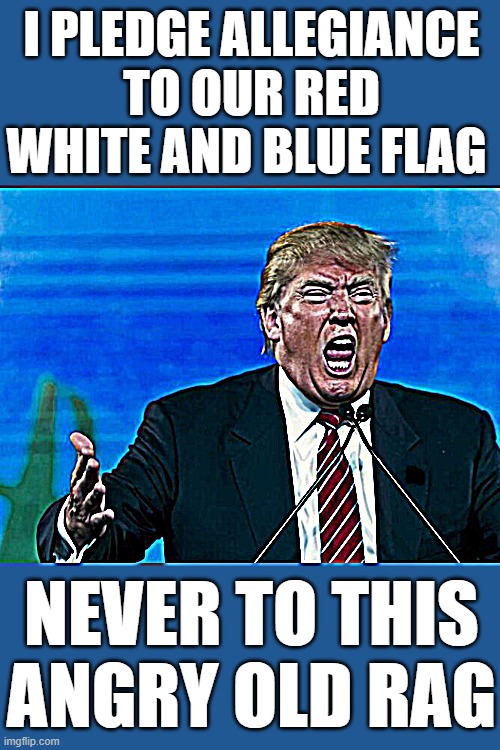 trump yelling | I PLEDGE ALLEGIANCE
TO OUR RED WHITE AND BLUE FLAG; NEVER TO THIS
ANGRY OLD RAG | image tagged in trump yelling,fascist,commie,dictator,oh god why,blank red maga hat | made w/ Imgflip meme maker
