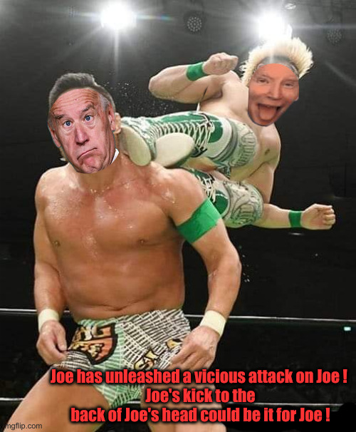 Joe Vs Joe | Joe has unleashed a vicious attack on Joe ! 
Joe's kick to the back of Joe's head could be it for Joe ! | image tagged in japanese wrestler kicked,political meme,politics,funny memes,funny | made w/ Imgflip meme maker