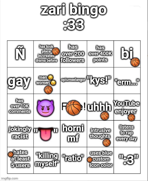 Zari bingo (no bingo) | 🏀; 🏀; 🏀; 🏀; 🏀; 🏀; 🏀; 🏀; 🏀 | image tagged in zari's bingo,bingo,bisexual,lgbtq,youtube | made w/ Imgflip meme maker