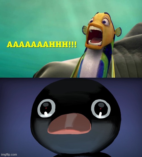Oscar is scared of Pingu | image tagged in memes,pingu stare,fish | made w/ Imgflip meme maker