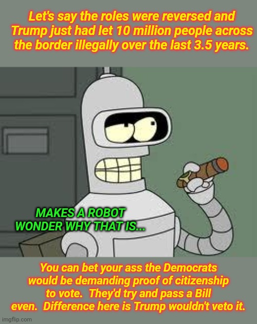 Bender | Let's say the roles were reversed and Trump just had let 10 million people across the border illegally over the last 3.5 years. MAKES A ROBOT WONDER WHY THAT IS... You can bet your ass the Democrats would be demanding proof of citizenship to vote.  They'd try and pass a Bill even.  Difference here is Trump wouldn't veto it. | image tagged in bender | made w/ Imgflip meme maker