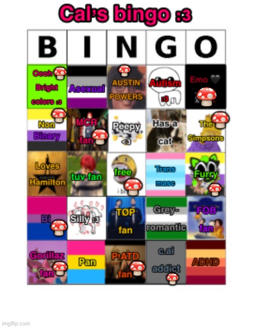 Cal’s bingo (no bingo) | 🍄; 🍄; 🍄; 🍄; 🍄; 🍄; 🍄; 🍄; 🍄; 🍄; 🍄; 🍄 | image tagged in cal s bingo,bingo,lgbtq,nonbinary,bisexual,furry | made w/ Imgflip meme maker