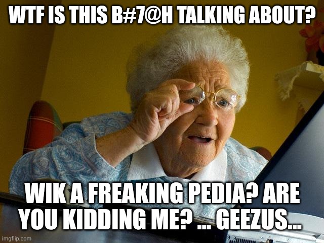 Wikipedia what? | WTF IS THIS B#7@H TALKING ABOUT? WIK A FREAKING PEDIA? ARE YOU KIDDING ME? ... GEEZUS... | image tagged in memes,grandma finds the internet | made w/ Imgflip meme maker