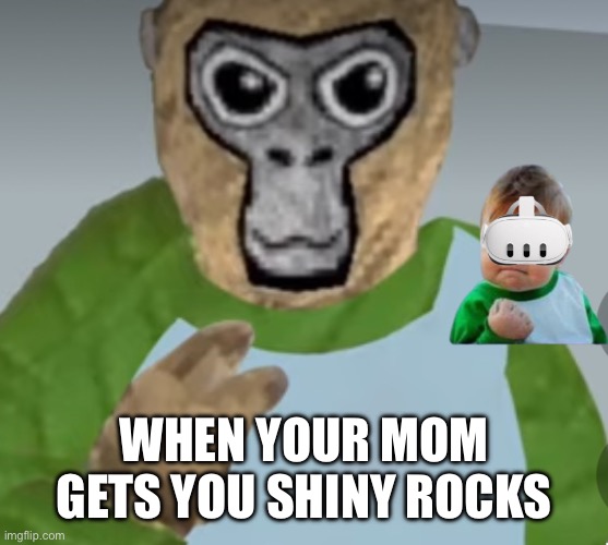 Monke | WHEN YOUR MOM GETS YOU SHINY ROCKS | image tagged in gorilla | made w/ Imgflip meme maker