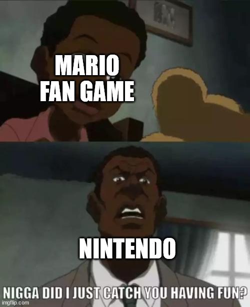 Nintendo when it comes to it's IPs | MARIO FAN GAME; NINTENDO | image tagged in did i just catch you having fun | made w/ Imgflip meme maker