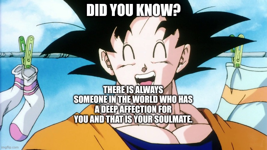 Happy Goku | DID YOU KNOW? THERE IS ALWAYS SOMEONE IN THE WORLD WHO HAS A DEEP AFFECTION FOR YOU AND THAT IS YOUR SOULMATE. | image tagged in happy goku | made w/ Imgflip meme maker