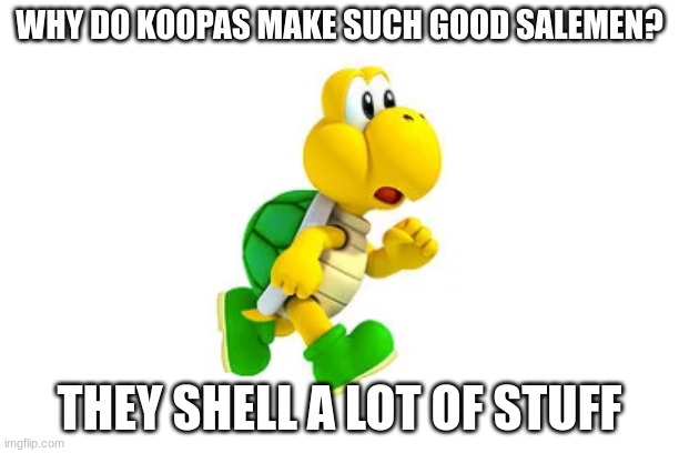 Koopa Troop 17 | WHY DO KOOPAS MAKE SUCH GOOD SALEMEN? THEY SHELL A LOT OF STUFF | image tagged in free | made w/ Imgflip meme maker