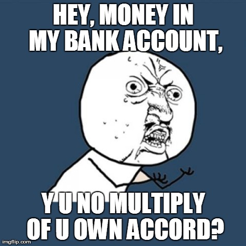 Interest Rate Are Highly Humourous | HEY, MONEY IN MY BANK ACCOUNT, Y U NO MULTIPLY OF U OWN ACCORD? | image tagged in memes,y u no,money,bank account,interest,poor | made w/ Imgflip meme maker