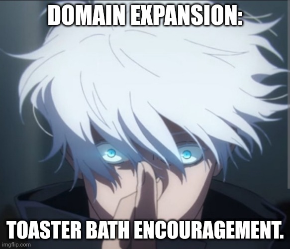 Domain expansion | DOMAIN EXPANSION: TOASTER BATH ENCOURAGEMENT. | image tagged in domain expansion | made w/ Imgflip meme maker